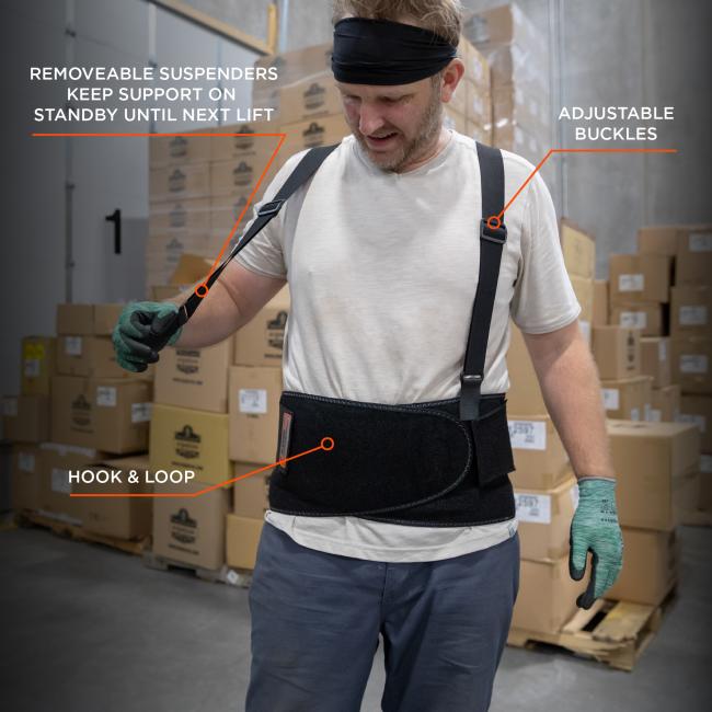 Removeable suspenders keep support on standby until next lift, adjustable buckles, hook and loop