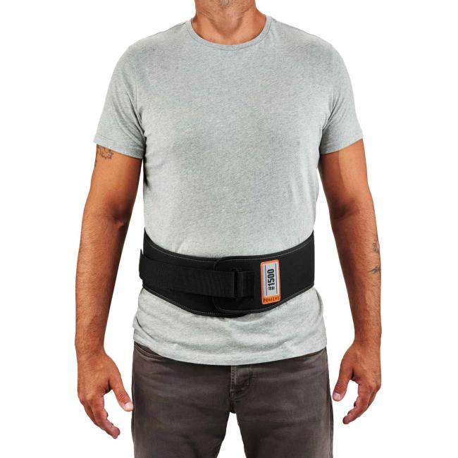 Front of weightlifting style back support on model