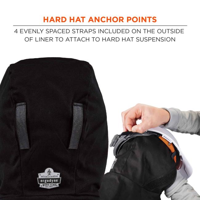 Hard hat anchor points: 4 evenly spaced straps included on the outside of liner to attach to hard hat suspension.