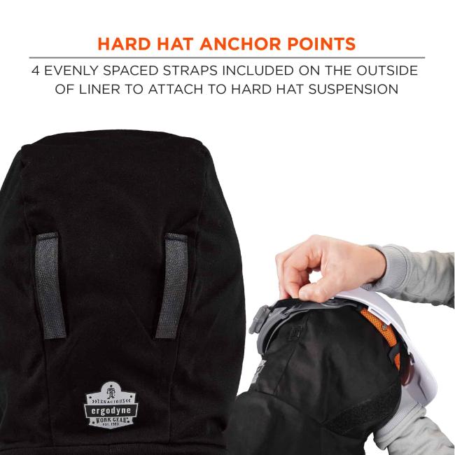 Hard hat anchor points: 4 evenly spaced straps included on the outside of liner to attach to hard hat suspension.