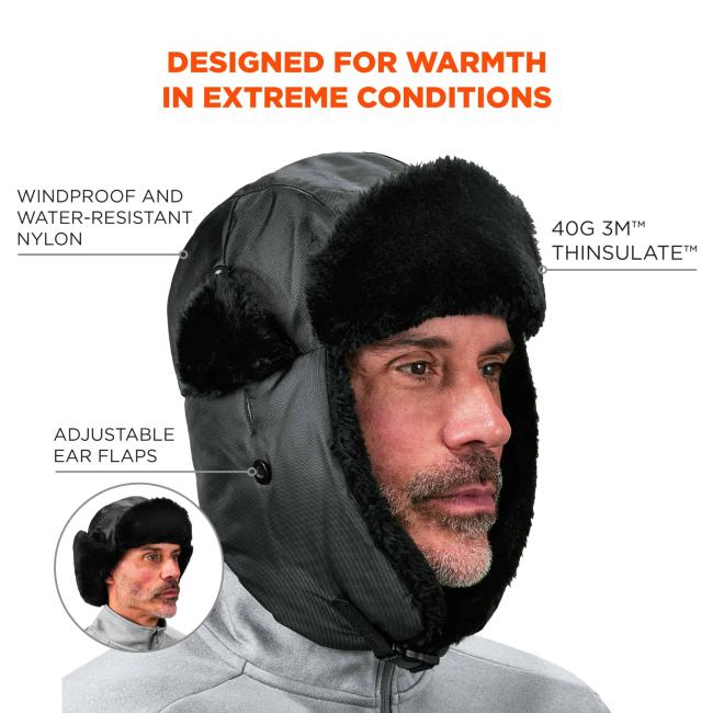 Designed for warmth in extreme conditions. Callout points to hat and says Òwindproof and water-resistant nylonÓ. Callout pointing to right side of hat says Ò40g 3M thinsulateÓ. Call out near bottom says Òadjustable ear flapsÓ