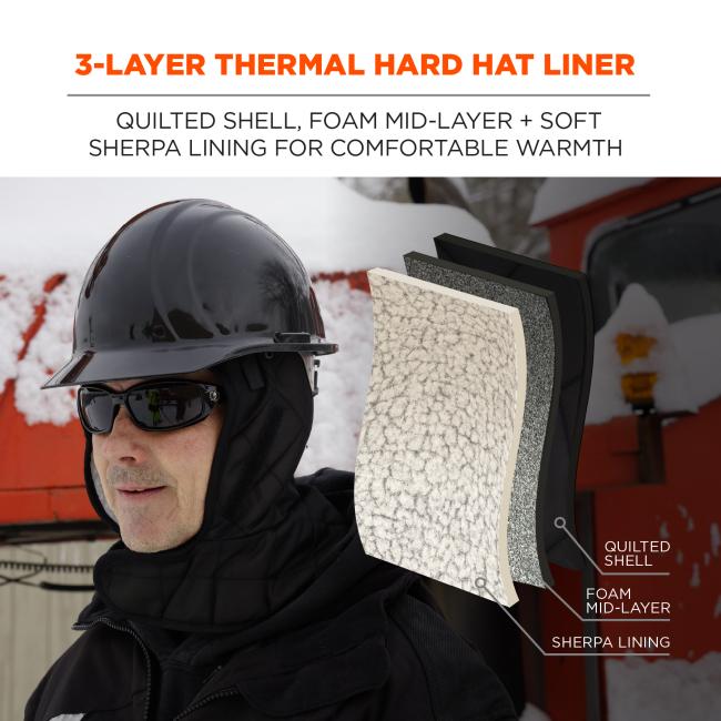 3-Layer thermal hard hat liner. Quilted shell, foam mid-layer and soft sherpa lining for comfortable warmth.