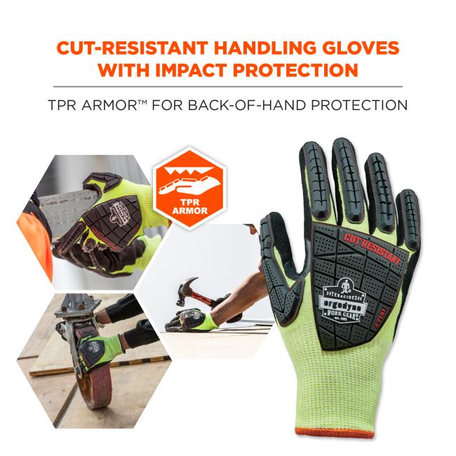 Cut-resistant handling gloves with impact protection: TPR Armor for back-of-hand protection.