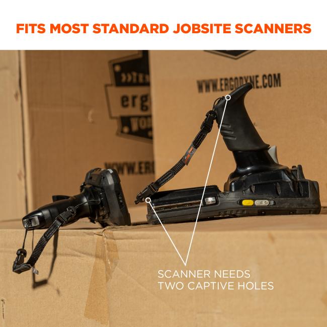Fits most standard jobsite scanners. Image shows scanner sitting on box and text points to scanner and says Òscanner needs two captive holesÓ