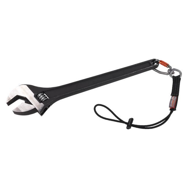 elastic tool tail lanyard attached to a wrench using the carabiner end
