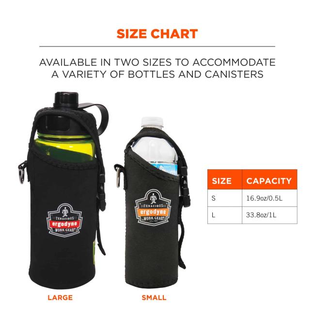Size chart: available in two sizes to accomodate a variety of bottle and canisters. Holder on left says large, holder on right says small. Size chart - Size S, Capacity: 16.9oz/0.5L. Size L, Capacity 33.8oz/1 L.