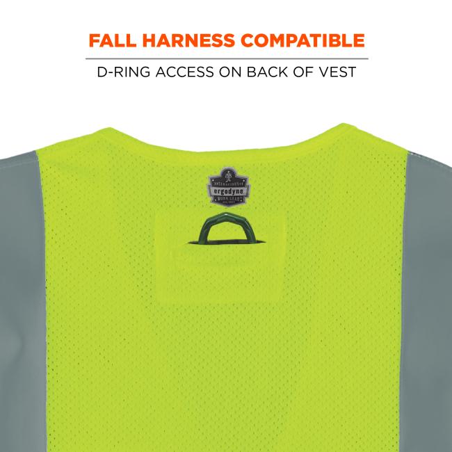 Fall harness compatible: d-ring access on back of vest. Image shows vest detail