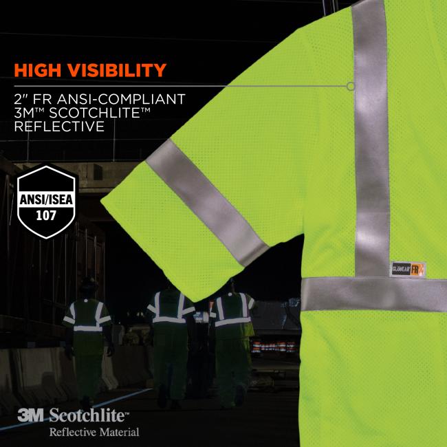 High visibility: 2Ó FR ansi/isea 107 compliant 3M Scotchlite reflective. Icon at bottom says 3M Scotchlite Reflective Material.