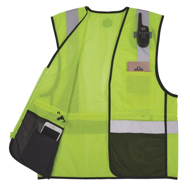 Front view of lime 8210zbk mesh hi vis safety vest opened with equipment