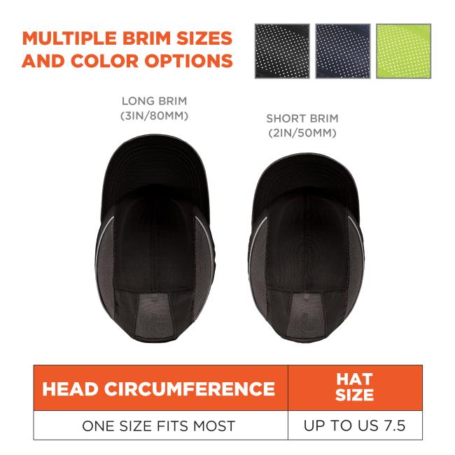 Multiple brim sizes and color options. Hat on left says Òlong brim, 3in/80mm)Ó and hat on right says Òshort brim, 2in/50mmÓ. Size chart on bottom says Òhat size: up to 7.5". Swatches on bottom right for black, navy, lime