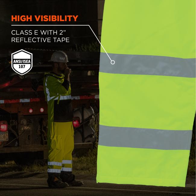High visibility Ð class E with 2Ó reflective tape. ANSI/ISEA 107 badge.