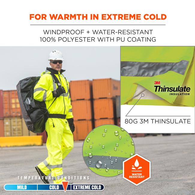 For warmth in extreme cold Ð windproof and water-resistant 100% polyester with PU coating. 3M Thinsulate insulation Ð 80g 3M Thinsulate. Water-resistant badge. Temperature conditions Ð cold.