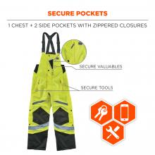 Secure pockets: 1 chest + 2 side pockets with zippered closures. Secure valuables. Secure tools. Icons: keys, phone, tools.