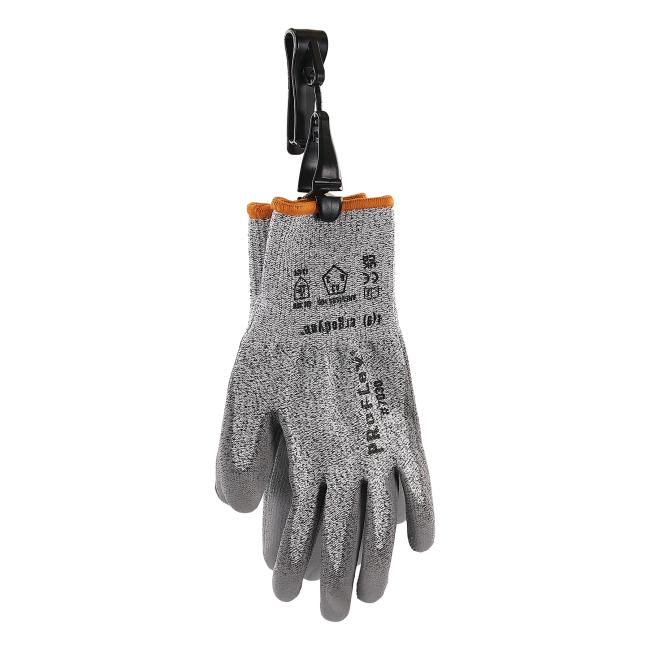 Black glove clip holder holding pair of gloves