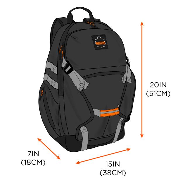 Backpack has a height of 20 inches or 51cm, length of 15 inches or 38cm, and width of 7 inches or 18cm