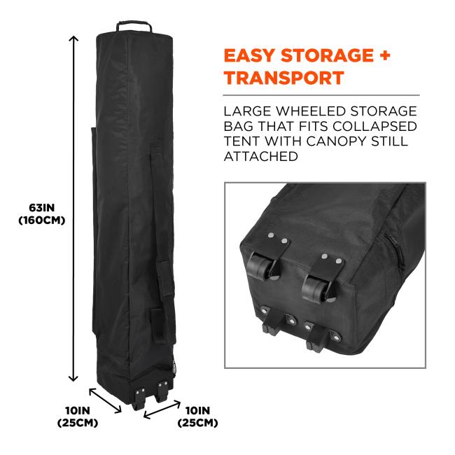 Easy storage plus transport. Large wheeled storage bag that fits collapsed tent with canopy still attached. Total weight is 38 lbs or 17.2 kg, and storage bag dimensions are 60 in by 10 in by 10 in or 152 cm by 25 cm by 25 cm.