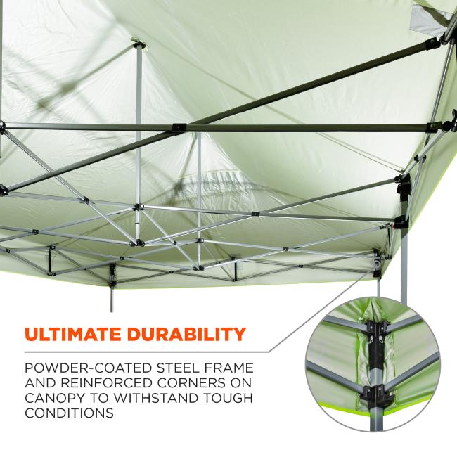 Ultimate durability. Powder coated steel frame and reinforced corners on canopy are designed to withstand tough conditions. Reinforced joints and corner construction are highlighted.