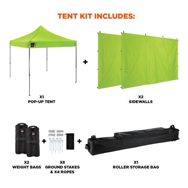 TENT KIT INCLUDES. One pop up tent. Two sidewalls. Two weight bags. Eight ground stakes and four ropes. One roller storage bag.