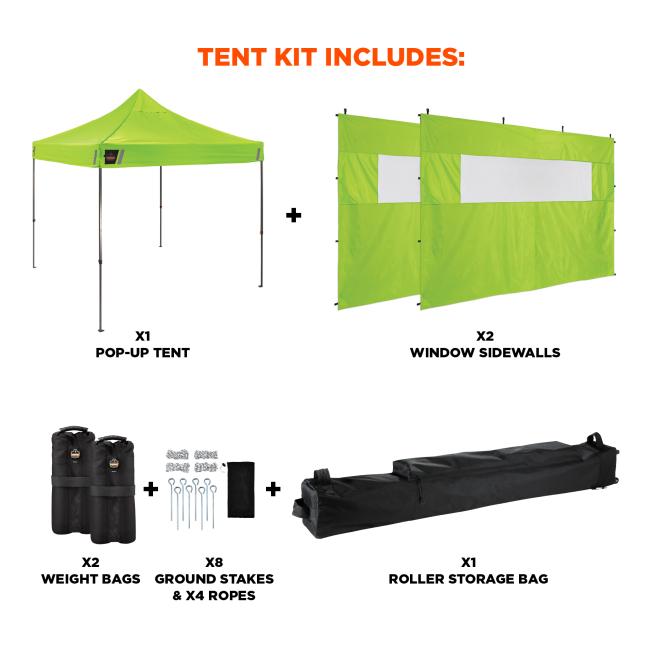 TENT KIT INCLUDES. One pop up tent. Two window sidewalls. Two weight bags. Eight ground stakes and four ropes. One roller storage bag.