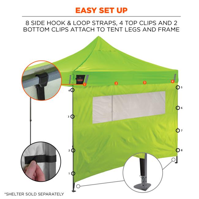Easy set up. Eight side hook and loop straps, four top clips and two bottom clips attach to tent legs and frame. Shelter sold separately.