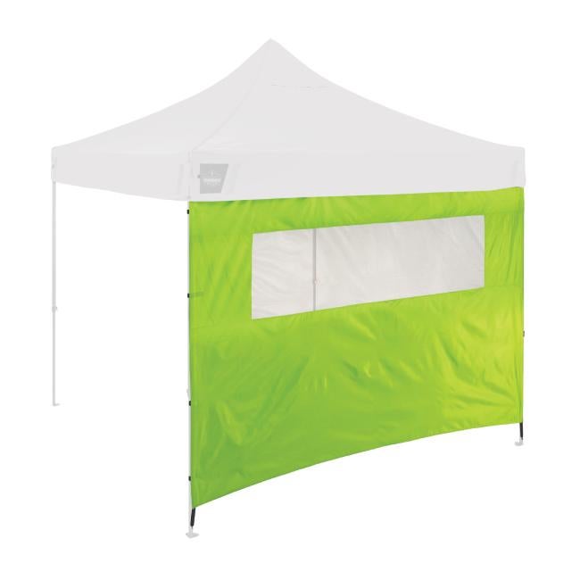 Shows the pop up tent sidewall with mesh window installed on a shelter frame. Demonstrates how the sidewall attaches to the tent legs and frame.