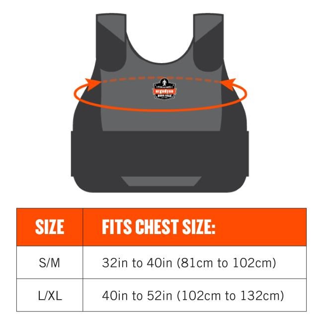Size chart: size s/m fits chest sizes 32 to 40 inches or 81cm to 102cm. Size L/XL fits chest sizes 40 to 52 inches or 102cm to 132cm.