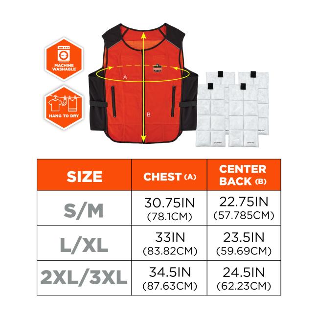 The image shows a vest measurement diagram labeled A for chest and B for center back along with a size table titled Size Chest A Center Back B. Small Medium S M chest 30.75IN 78.1CM center back 22.75IN 57.785CM. Large Extra Large L XL chest 33IN 83.82CM center back 23.5IN 59.69CM. 2 Large 3XL 2L 3XL chest 34.5IN 87.63CM center back 24.5IN 62.23CM. The icons shown include Machine Washable and Hang To Dry .