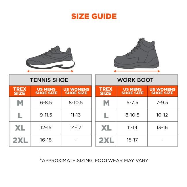 Size guide. Tennis shoe sizing: Medium M fits US mens shoe size 6 to 8.5 and US womens shoe size 8 to 10.5. Large L fits US mens 9 to 11.5 and US womens 11 to 13. Extra Large XL fits US mens 12 to 15 and US womens 14 to 17. 2X Large 2XL fits US mens 16 to 18, womens not listed. Work boot sizing: Medium M fits US mens 5 to 7.5 and US womens 7 to 9.5. Large L fits US mens 8 to 10.5 and US womens 10 to 12. Extra Large XL fits US mens 11 to 14 and US womens 13 to 16. 2X Large 2XL fits US mens 15 to 17, womens n