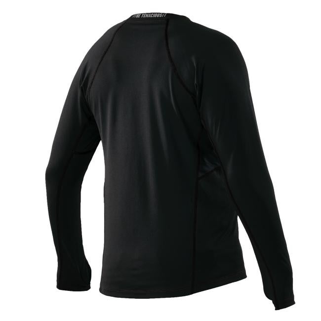 Angled back view of black midweight long sleeve base layer shirt