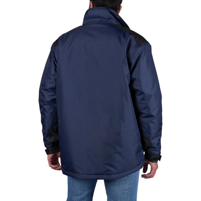 Back of essential insulated freezer jacket on model