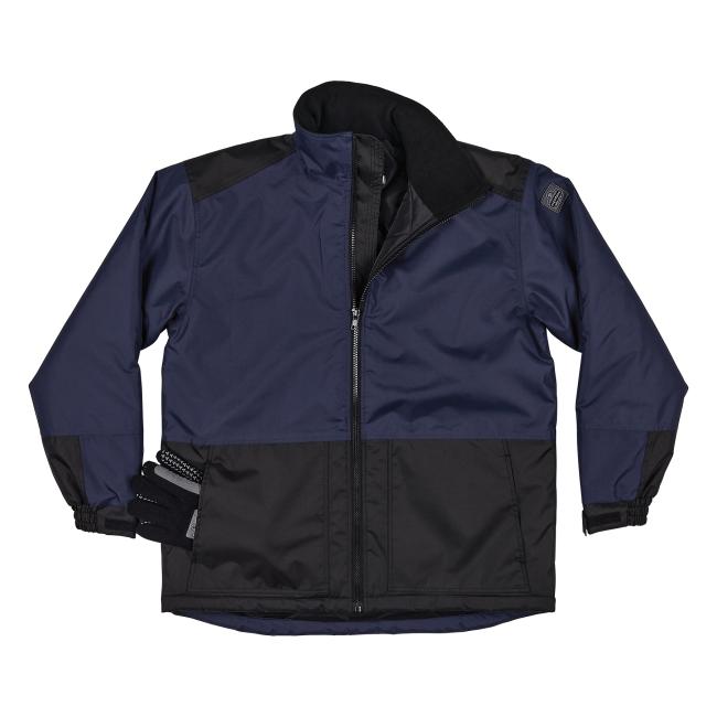 Front of essential insulated freezer jacket zippered open and propped