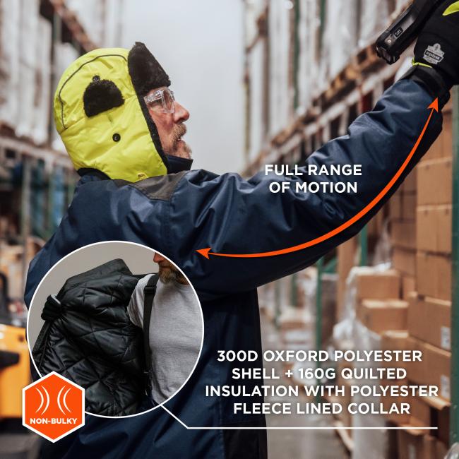 Full range of motion. 300D Oxford polyester shell plus 160G quilted insulation with polyester fleece lined collar. Non bulky.
