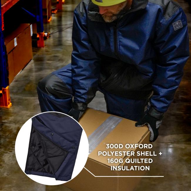 300D Oxford polyester shell plus 160G quilted insulation.