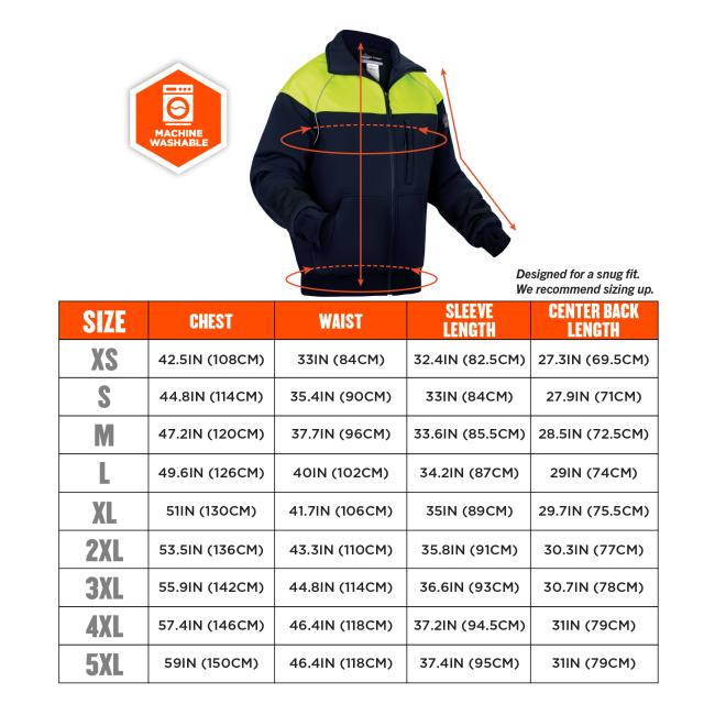 Size Chart. The insulated cooler jacket is available in multiple sizes, with specific chest, waist, sleeve length, and center back length measurements. The XS size has a chest measurement of 42.5 inches (108 cm), a waist measurement of 33 inches (84 cm), a sleeve length of 32.4 inches (82.5 cm), and a center back length of 27.3 inches (69.5 cm). The S size measures 44.8 inches (114 cm) at the chest, 35.4 inches (90 cm) at the waist, 33 inches (84 cm) for sleeve length, and 27.9 inches (71 cm) for center bac