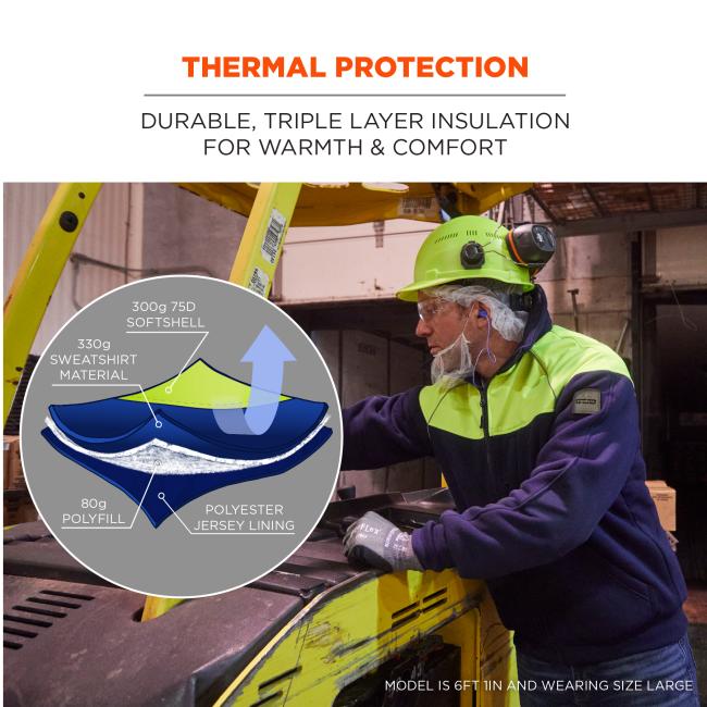 Thermal Protection. This jacket provides durable, triple-layer insulation for superior warmth and comfort. It is constructed with 300g 75D softshell material, 330g sweatshirt material, and 80g polyfill, all lined with a polyester jersey lining to maximize insulation and ensure long-lasting wear in cold environments. Model is 6 foot 1 inch and wearing size large.