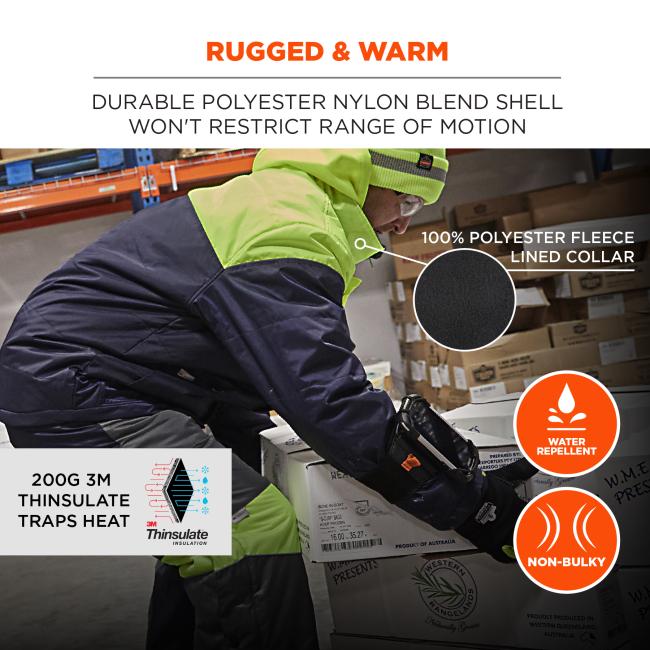 Rugged and warm: durable polyester nylon blend shell won't restrict range of motion. 100% polyester fleece lined collar. 200G 3M Thinsulate traps heat. Water repellant, non-bulky.