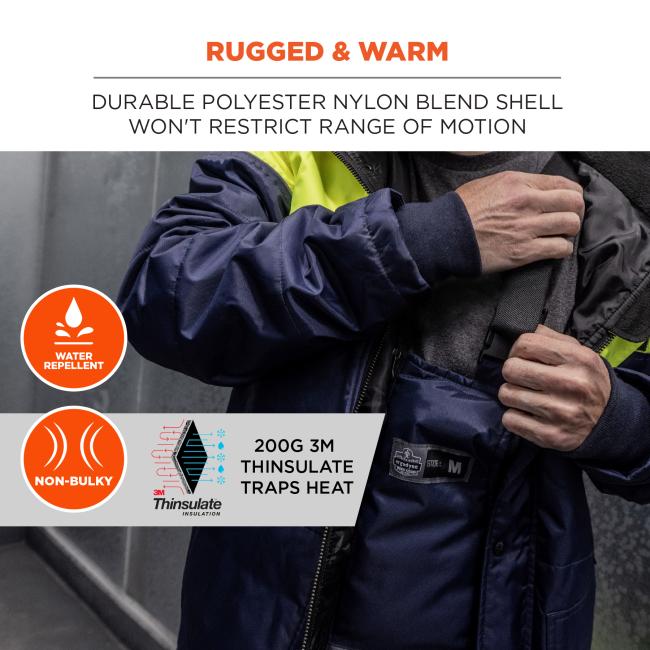 Rugged and warm: durable polyester nylon blend shell won't restrict range of motion. 100% polyester fleece lined collar. 200G 3M Thinsulate traps heat. Water repellent, non-bulky.