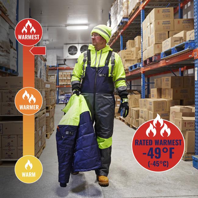 Jacket is rated warmest to -49 degrees fahrenheit or -45 degrees celsius.
