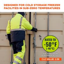 Designed for Cold Storage. These bib overalls are designed for cold storage freezer facilities to provide warmth and protection in extreme temperatures. They are rated to -50°F (-46°C).