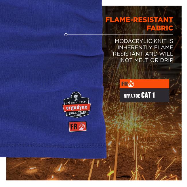 The neck gaiter is made of modacrylic knit, which is inherently flame-resistant and will not melt or drip. It complies with NFPA 70E CAT 1 standard