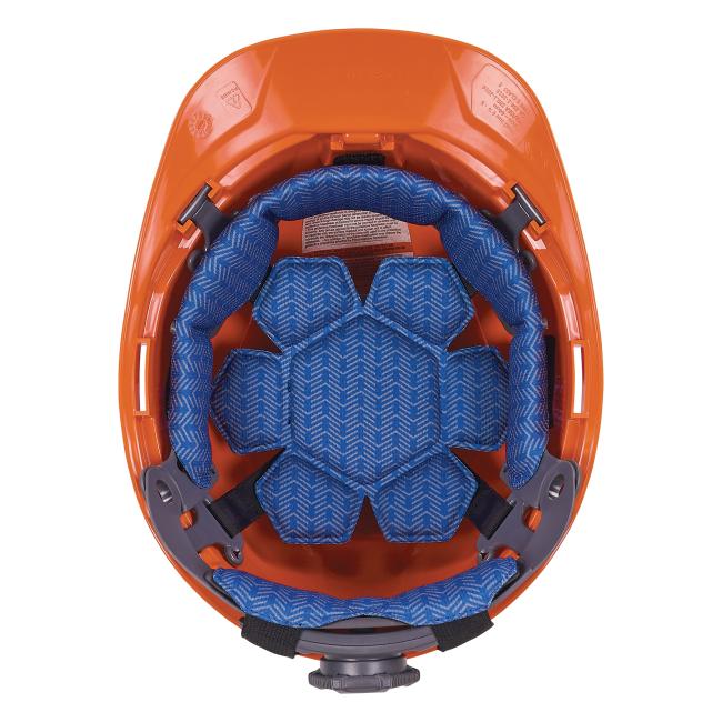 Under view of helmet with cooling pads on the headband, top and ratchet parts of the suspension.