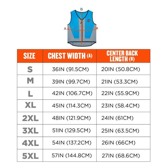 Size chart. Small S Chest Width 36IN 91.5CM Center Back Length 20IN 50.8CM. Medium M Chest Width 39IN 99.7CM Center Back Length 21IN 53.3CM. Large L Chest Width 42IN 106.7CM Center Back Length 22IN 55.9CM. Extra Large XL Chest Width 45IN 114.3CM Center Back Length 23IN 58.4CM. 2X Large 2XL Chest Width 48IN 121.9CM Center Back Length 24IN 61CM. 3X Large 3XL Chest Width 51IN 129.5CM Center Back Length 25IN 63.5CM. 4X Large 4XL Chest Width 54IN 137.2CM Center Back Length 26IN 66CM. 5X Large 5XL Chest Width 57I