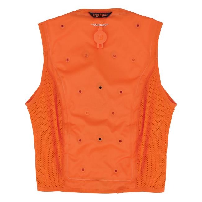 Back of orange dry evaporative cooling vest .
