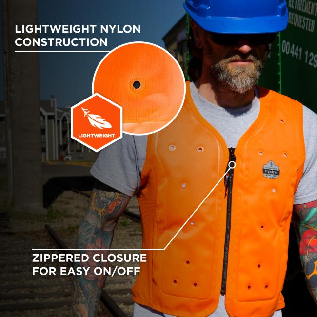 Lightweight nylon construction and zippered closure for easy on/off .