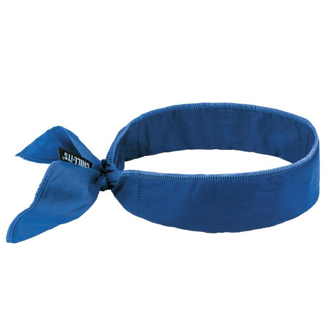 Front of blue polymer cooling headband
