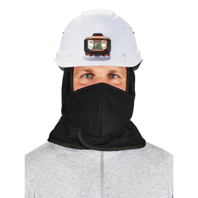 Front view of hard hat liner worn under hard hat on model