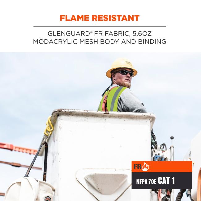 Flame resistant: Glenguard FR Fabric, 5.6oz modacrylic mesh body and binding. Icon says FR: NFPA 70E CAT 1
