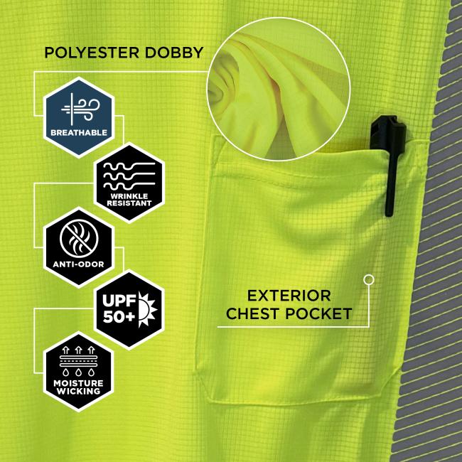Made from breathable, wrinkle-resistant polyester dobby with anti-odor, UPF 50+ sun protection, moisture-wicking properties, and an exterior chest pocket.