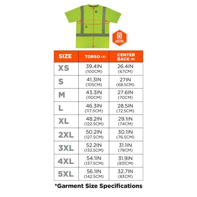 The size chart for this garment includes torso (A) and center back (B) measurements. Sizes range from XS to 5XL. XS measures 39.4 in (100 cm) torso and 26.4 in (67 cm) center back. S is 41.3 in (105 cm) torso and 27 in (68.5 cm) center back. M is 43.3 in (110 cm) torso and 27.6 in (70 cm) center back. L is 46.3 in (117.5 cm) torso and 28.5 in (72.5 cm) center back. XL is 48.2 in (122.5 cm) torso and 29.1 in (74 cm) center back. 2XL is 50.2 in (127.5 cm) torso and 30.1 in (76.5 cm) center back. 3XL is 52.2 i