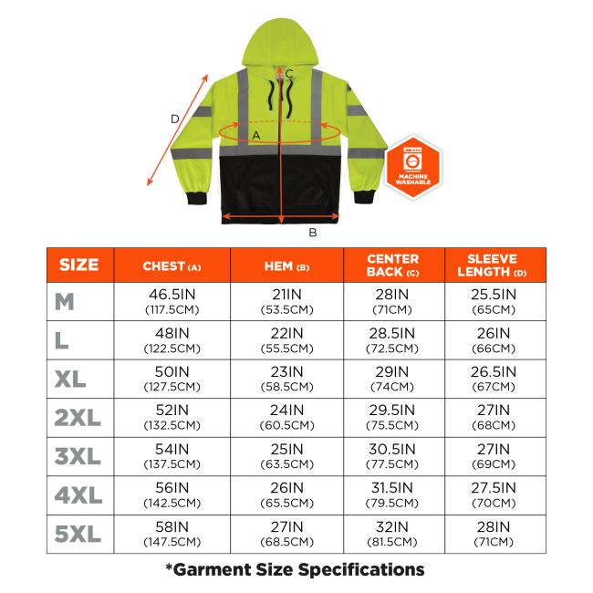 Size chart. Medium M Chest 46.5IN 117.5CM Hem 21IN 53.5CM Center Back 28IN 71CM Sleeve Length 25.5IN 65CM. Large L Chest 48IN 122.5CM Hem 22IN 55.5CM Center Back 28.5IN 72.5CM Sleeve Length 26IN 66CM. Extra Large XL Chest 50IN 127.5CM Hem 23IN 58.5CM Center Back 29IN 74CM Sleeve Length 26.5IN 67CM. 2X Large 2XL Chest 52IN 132.5CM Hem 24IN 60.5CM Center Back 29.5IN 75.5CM Sleeve Length 27IN 68CM. 3X Large 3XL Chest 54IN 137.5CM Hem 25IN 63.5CM Center Back 30.5IN 77.5CM Sleeve Length 27IN 69CM. 4X Large 4XL C